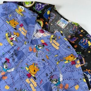 Disney & SB Scrubs Bundle of Two Halloween‎ Holiday All Over Print Tops Size Med
